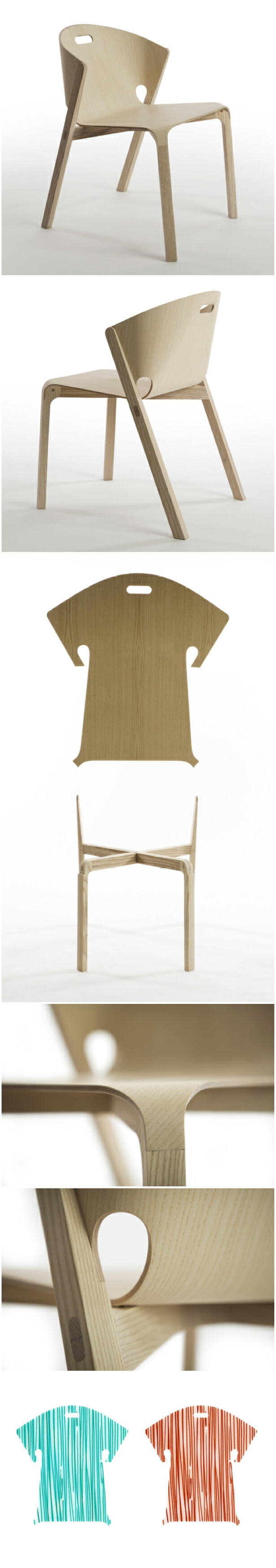 英国工业设计师Benjamin Hubert联合葡萄牙厂商De La Espada设计了一把造型独特的椅子，该椅子由一个T恤形状的靠背和一个实木框架组成。胶合板靠背边缘的凸出部分正好插入到白蜡木实木椅腿的凹槽里面，形成平滑的表面。设计师称这把椅子的重点在于把胶合板和实木整合在一起，在一般情况下，两者总是处于分离状态。