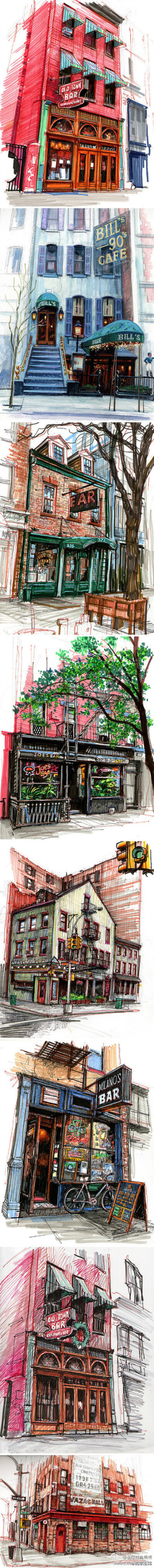 艺术家Stephen Gardner用他的彩笔记录下来一座又一座他光顾过的酒吧和咖啡馆，画面非常纪实并具有场景感，仿佛诉说着每个酒吧或咖啡馆曾经发生的故事……
