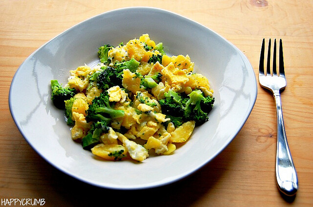 Potato, broccoli, and cheese egg scramble