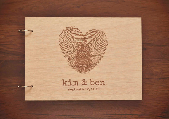 Custom wedding guest book wood rustic wedding guest book album bridal shower engagement anniversary - Fingerprint Heart - BIG SIZE