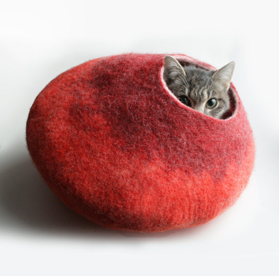 Warm Orange Red Bubble Hand Felted Wool Cat Bed / by vaivanat