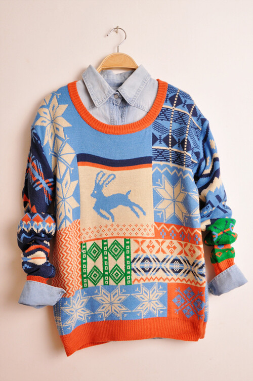 圣诞氛围彩色麋鹿双层加厚宽松圆领套头毛衣