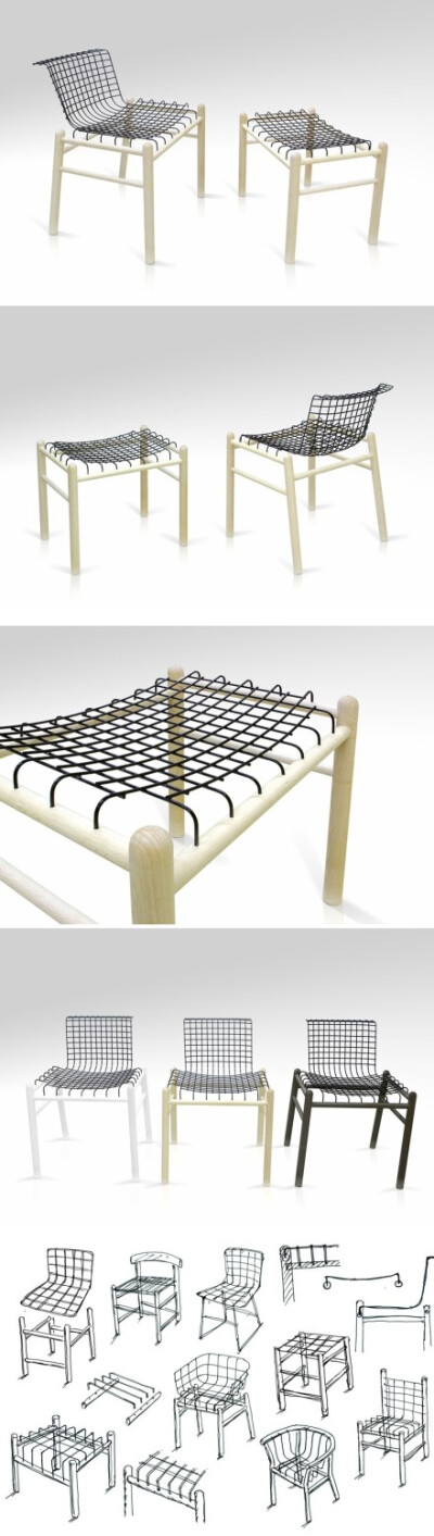 Tatsuo Kuroda 设计的wirewood chair-铁丝木椅，底座是传统的木框架，椅座和靠背则用现代金属网面制作，试图重新诠释现代椅子