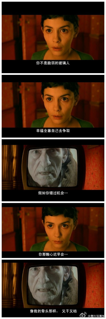 你不是脆弱的玻璃人，幸福全靠自己去争取，假如你错过机会…你那颗心迟早会…像我的骨头那样，又干又枯——《天使爱美丽》