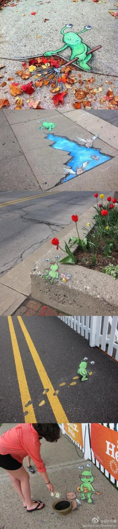 这是生活在 Ann Arbor 大街上的小外星人 Sluggo，由艺术家 David Zinn 使用粉笔绘画而成，从08年开始慢慢的浮现街道之上，之后越来越多，总是在一个合适的景观之中和谐的出现