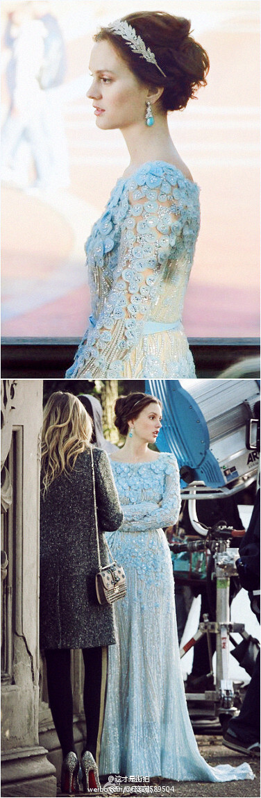 《Gossip Girl》最终季最后一集片场.....一袭Elie Saab水蓝色礼服的Queen B......，美极了!