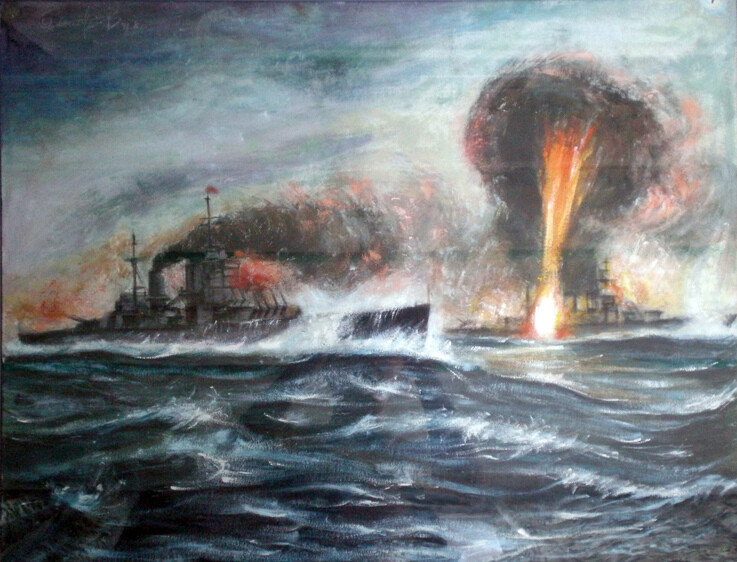 《丹麥海峽之戰The Battle of Denmark Strait 1941》 紙面水粉(Gouache on paper) 100x70cm 1999