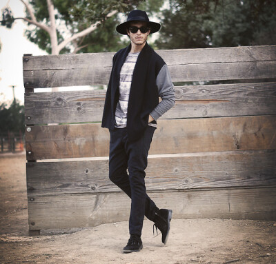 Topman Wide Brim, Stripe Shirt, Two Toned Cardi, Topman Trousers, Zara Boots