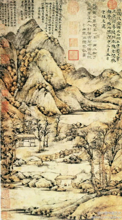 元 倪瓚《雨后空林圖》--- 畫面描繪一高大山嶺，細(xì)瀑從山澗穿石而下，匯入山腳一片水域中。山前一條小河蜿蜒曲折，緩緩流動(dòng)，石橋橫跨，水波不興。畫中山石多用披麻、折帶皴，干筆淡墨，濃墨點(diǎn)苔，敷色清淡溫和。整…