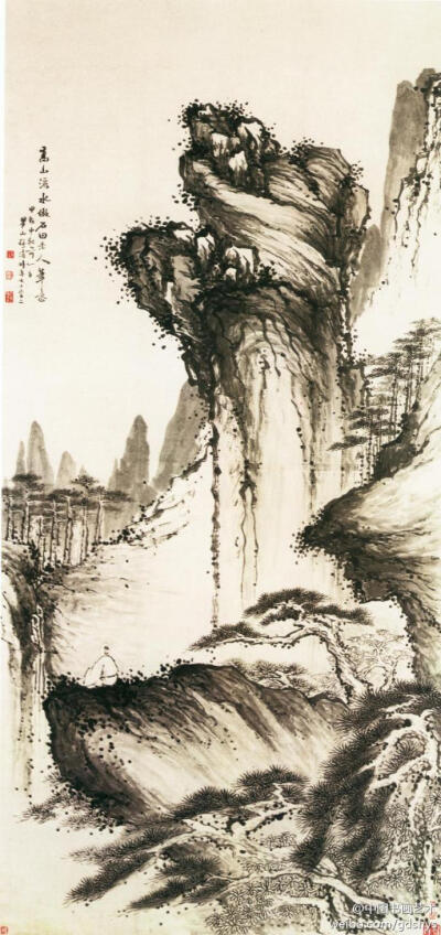 清 梅清《高山流水图》--- 圆柱形险峰兀立于群峰之中，山壁陡峭，气势雄伟，山下苍松掩映，一人席地而坐观赏瀑布，情景交融，意境高古空旷。工中带写，老笔纷披，墨韵乐然。山峦用淡墨皴染，浓墨点苔，山石清丽富有…