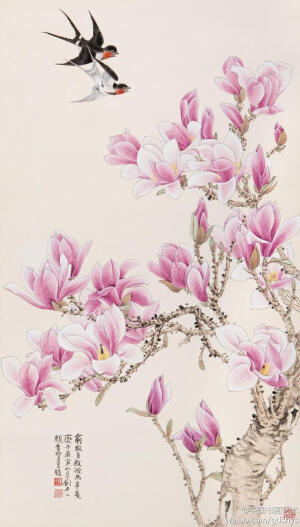 俞致贞 工笔花鸟《辛夷春燕