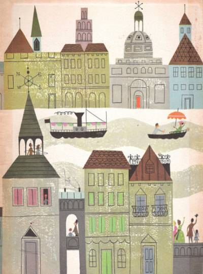 Vintage Fairy Tale Illustration &quot;Rainbow Village&quot; European City Fairytale Print - Houses Boat