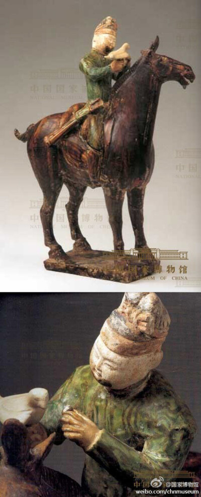 【绞胎釉陶狩猎骑马俑】唐，1972年陕西省乾县出土，高37厘米。绞胎是唐代出现的陶器新工艺，一般多用作器皿，绞胎俑则极罕见。这件狩猎骑俑于马上作持鹰喂食状，马背上有一猎物。