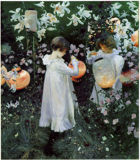 《石竹、百合、玫瑰》（Carnation, Lily, Lily, Rose, 1885-86）。萨金特表现瞬间光影效果最突出、最著名的一幅油画。