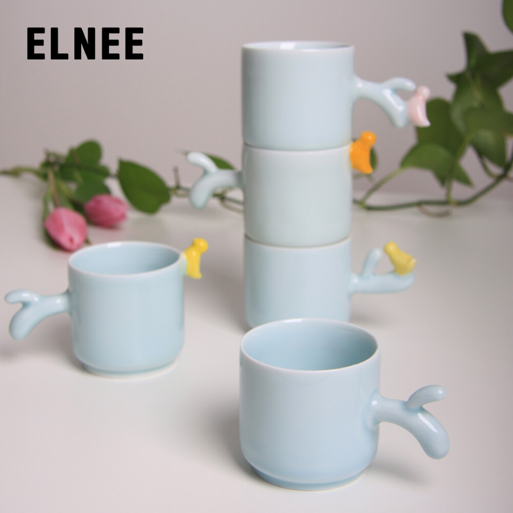 ELNEE森林物语小青鸟手工制作咖啡杯碟陶瓷套装 日用生活创意礼物