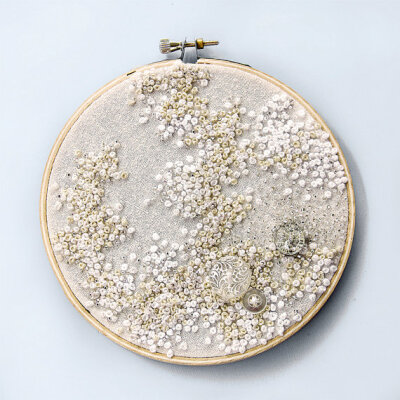 Pure White - Embroidered Hoop Art - French Knots and Vintage Buttons