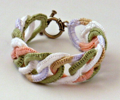 Crochet Bracelet Fiber Bracelet Faux Chainmail Irish Crochet Peach Sage White Wisteria