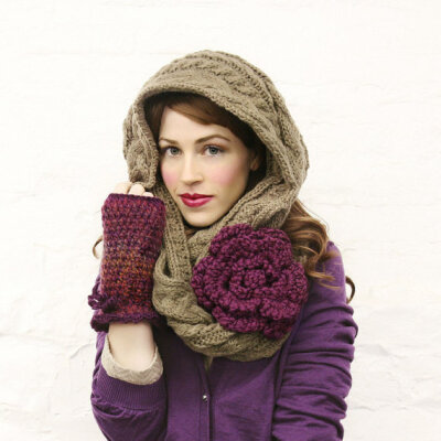 Beige Infinity Scarf with Plum Purple Flower Pin - MADE TO ORDER