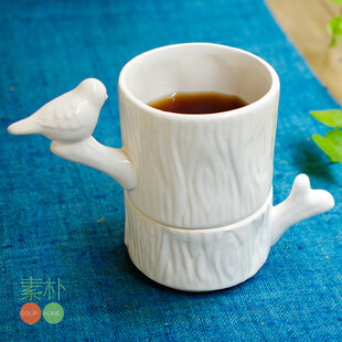 素朴/亲近大自然 小鸟树枝 白色陶瓷咖啡杯套装 美好咖啡时间