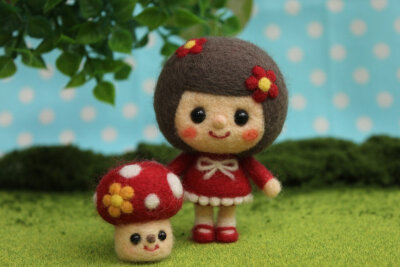 采蘑菇的小女孩~搜自日本羊毛毡达人博客
