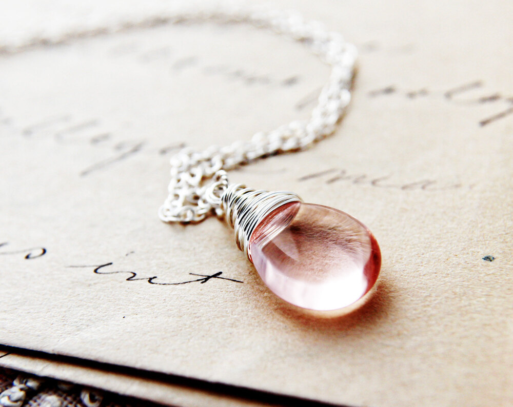 Pink Necklace Pale Rose Silver Glass Pendant