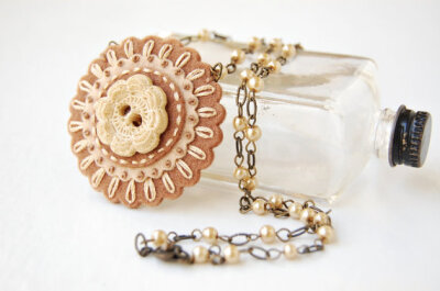 Lacy Petals Embroidered Fiber Necklace in Hazelnut Cream