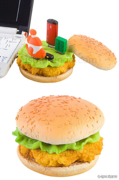【汉堡USB集线器】有趣的东东，4个USB接头就座落在生菜上，只要把上方的汉堡打开就会看到，饿晕的时候会误食吗？