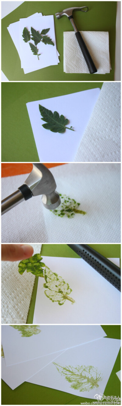 连颜料都不需要，直接利用叶片本身的绿色，拓印到纸上，不过你需要一把榔头。❤。。