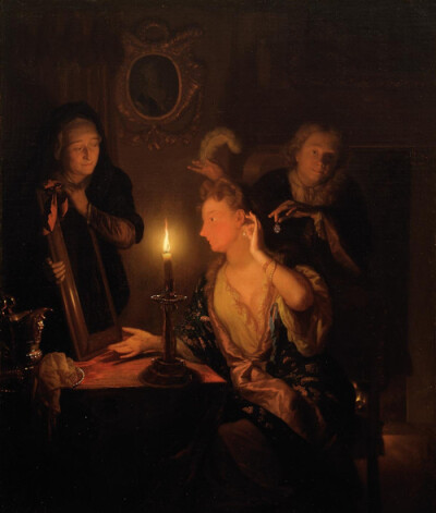 Godfried Schalcken - Lady trying the earrings before a mirror