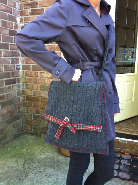 Your Purchase Gives Hope. On Sale. Felted Wool Gray Indie Messenger Bag with Red Tartan Trim