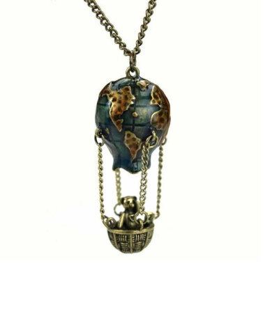 3D teddy bear travel around the globe hot air balloon retro brass tone necklace sweet childhood memory