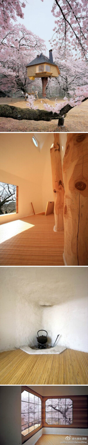 【赏樱啖茶，Terunobu Fujimori的童话树屋】Terunobu Fujimori可谓是世上超梦幻的建筑师之一，他的作品就像在童话故事里出现的一样。他独特的设计作品当中，大量地运用了大自然的材料，房里面的装修色调也很靠近大自然，不知道置身在这样的树屋之中会不会有穿越到童话的感觉呢？