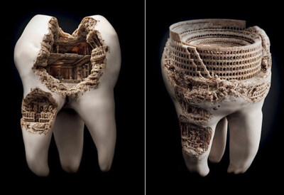 这是一款独具创意思的牙膏广告，显示出古代遗址"文明罗马"，磨牙的标语“不要让细菌安顿下来”，你可以看到两个大牙齿雕刻在废墟。有这个想法，但我不能说我喜欢看他们，这是一种令人毛骨悚然的。也许这只是我，但我…
