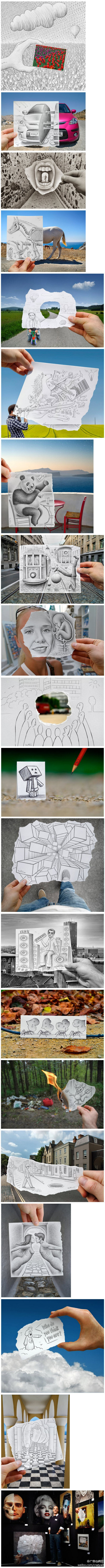 比利时艺术家本•海因（Ben Heine）将铅笔素描和真实的生活场景严丝缝合成精致的影像，他称之为“铅笔Vs相机”。