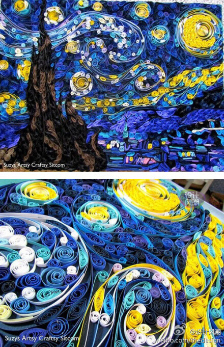 The Starry Night》是梵高的著作之一，纵然你的绘画技艺再高超也无法超越原作，不如像Susy Myers学习，用纸卷重新演绎画中的情境。