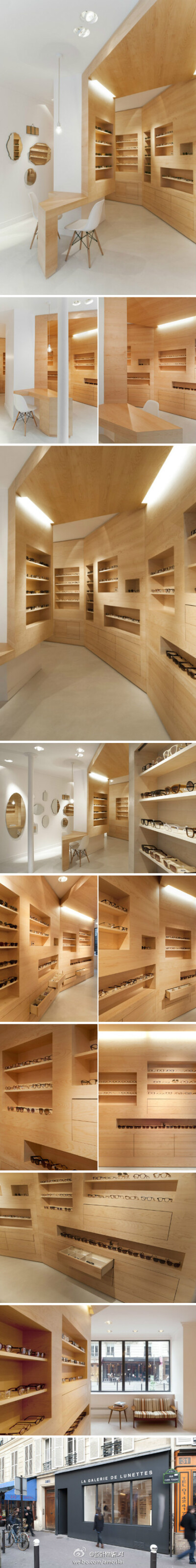 眼镜店／Dumazer & Lafallisse ARCHITECTES／在法国巴黎某个小路口，临街有一处不规则的铺面，前身是艺术展廊，现在变成了眼镜店。倾斜的墙面安装上起伏折面的浅色木材展示柜，中心的柱子被改造成一个柜面和桌子这样…