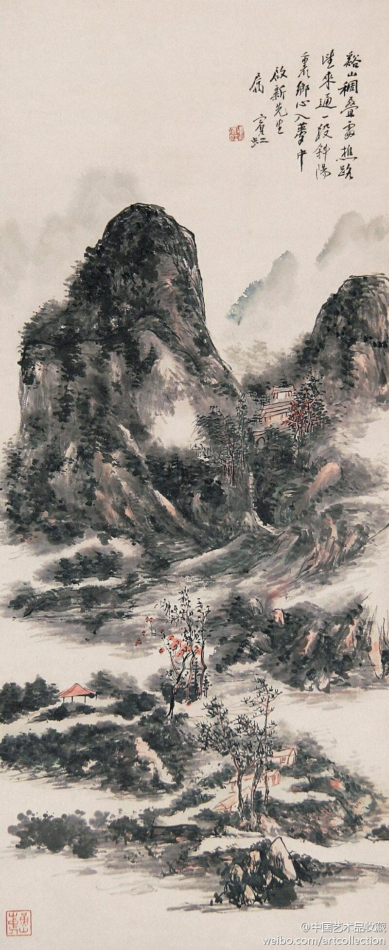 【黄宾虹 《谿山樵路图》】立轴，纸本设色，107×44cm。 题识：溪山稠叠处，樵路望来通。一段斜阳里，乡心入梦中。