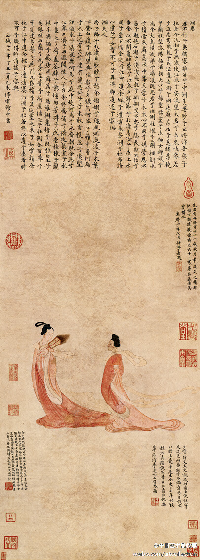 【 明 文征明 《湘君湘夫人图》】纸本，淡设色，100.8×35.6cm，北京故宫博物院藏。 此图画湘君与湘夫人，是根据屈原《楚辞•九歌》中的《湘君》《湘夫人》篇创作的。湘君和湘夫人为湘水之神，或云为尧的两个女儿。用游丝描所塑造的人物，呈前倾弧形，似动又静，有六朝时代人物画遗意。