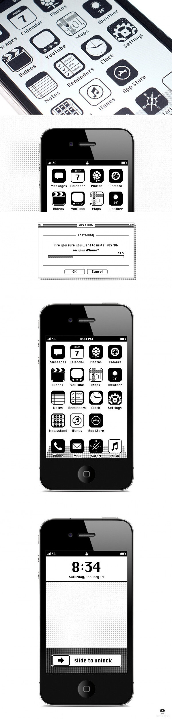 iPhone IOS86:复古的1986年苹果iOS系统界面风格，by 俄罗斯设计师Anton Repponen