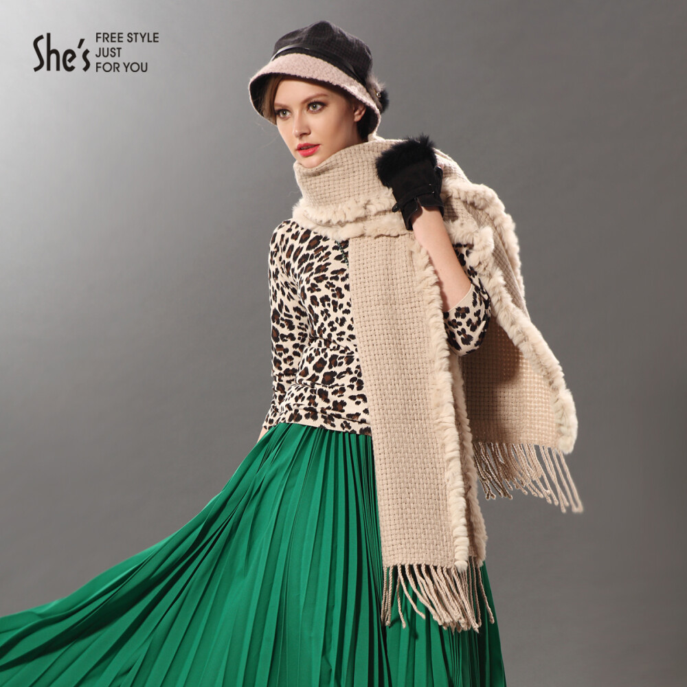 shes茜子亲肤羊毛针织镶兔毛奢华超长披肩超厚围巾