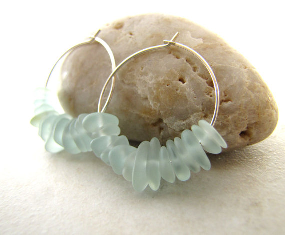 Sea Glass Seaglass Earrings Hoops Aqua Dusk Blue BellinaCreations Bellina Creation