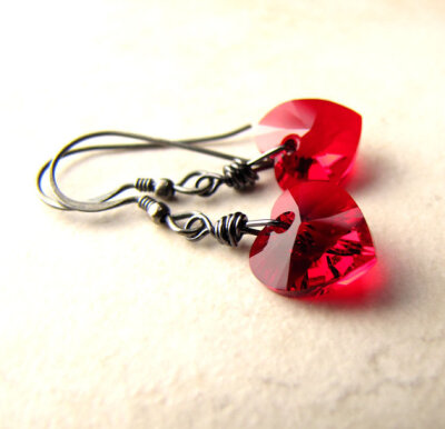 Red Heart Earrings Love Valentines Day Oxidized Sterling Silver Wire Wrapped Drop Earrings BellinaCreations