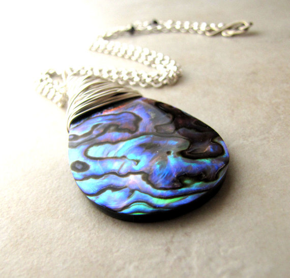 Paua Abalone Shell Necklace Silver Blue Green Rainbow Peacock Necklace