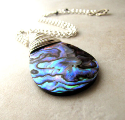 Paua Abalone Shell Necklace Silver Blue Green Rainbow Peacock Necklace