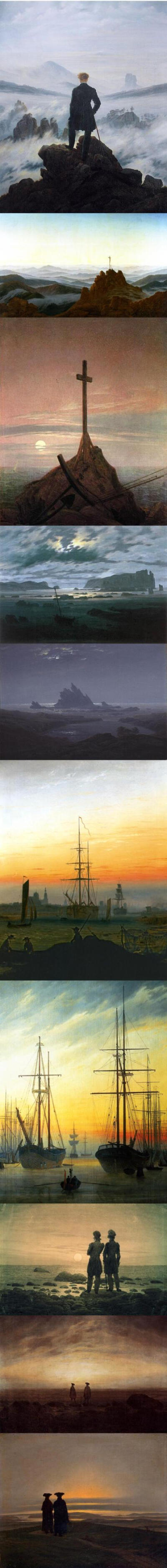 "【Caspar David Friedrich】卡斯帕·大卫·弗里德里希，1774年出生于德国，作品内容多是逆光中的自然景物，总表现出一层孤独和忧郁。不难发现，他的作品中经常出现两位男子并肩看海的背影。个人猜想这跟Caspar 13岁那…