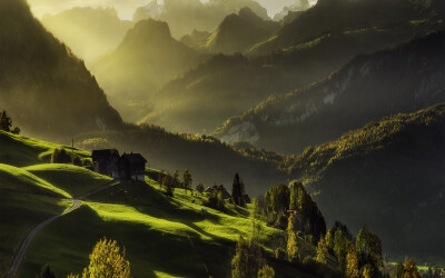 mountains landscapes houses path sunlight / 1920x1200 Wallpaper