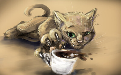 cats animals drawings coffee cups paws / 1920x1200 Wallpaper