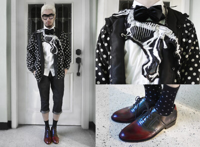 H. Custodio T Rex Print On Leather Neckpiece, Jan Garcia Velvet Bowtie, Deadstock Vintage Two Tone Laceups, Polka Dot Socks, Polka Dot Silk Bomber Hoodie, Eairth Below The Knee Denims