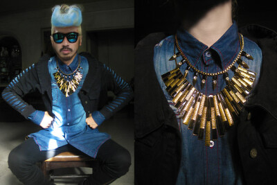 Denim Shirt, Bandaged Denim Punk Jacket, Angular Ray Neckpiece, Spike With Crystals Neckpiece