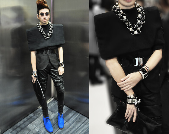 Patent Envelope Clutch, Steel Buckle Belt, Spike Bracelets, Andre Judd Knitted Super Square Shoulder With Built In Blazer, Stretch Leather Trousers, Marlon Rivera Blue Suede Shoes, H. Custodio Bullet Cuff, Multi Ring Neckpiece, Ray Ban Vintage Ray Ban Rou